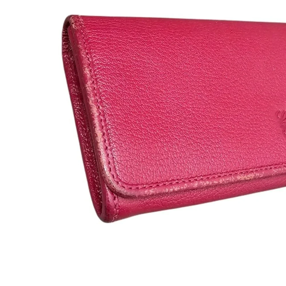 Loewe Pebble Leather Flap Snap Long Red Berry Bi-fold Clutch Continental Wallet